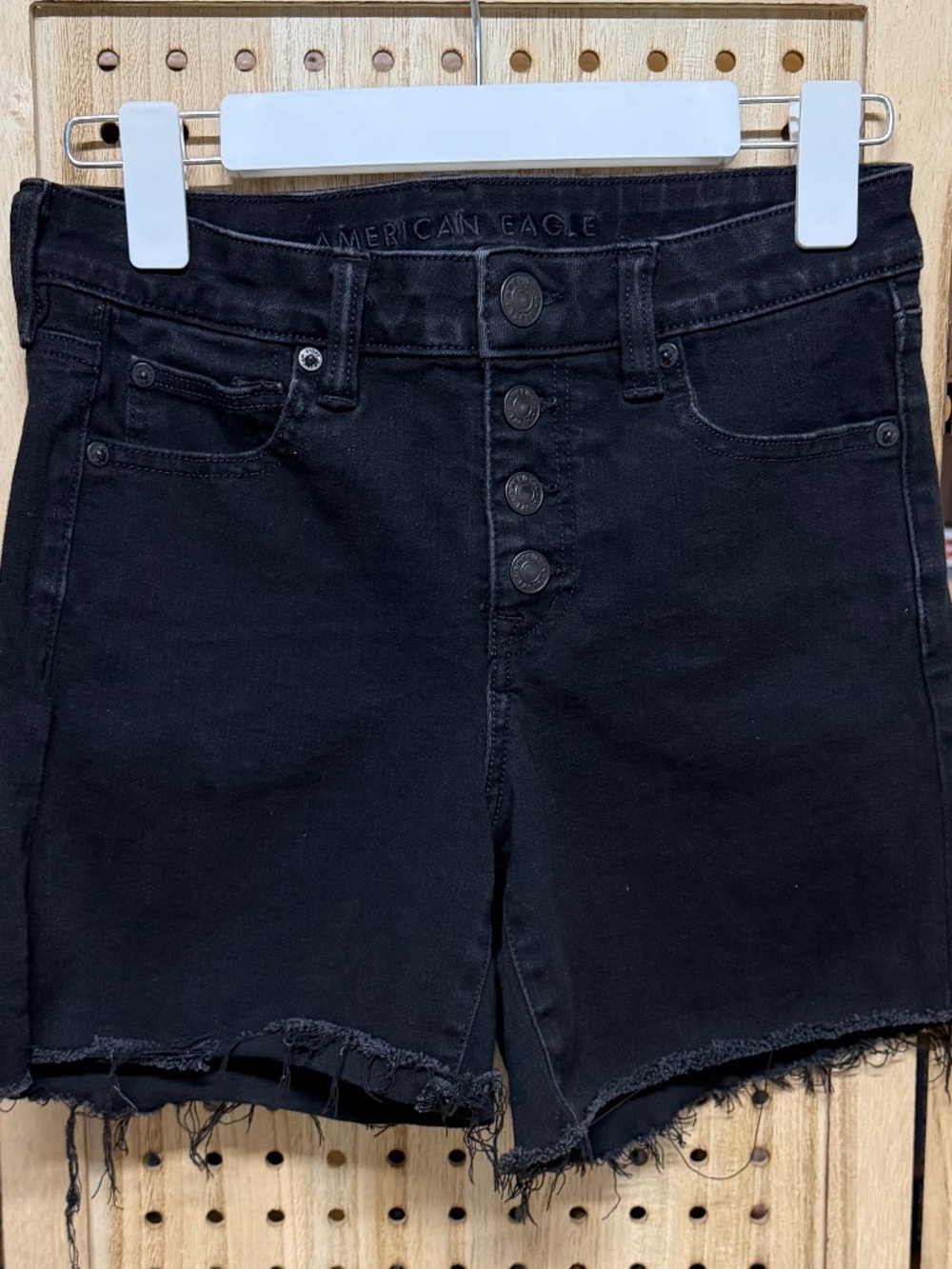 American Eagle Dream Jean Black Button Fly Raw Hem Denim Shorts Size 4